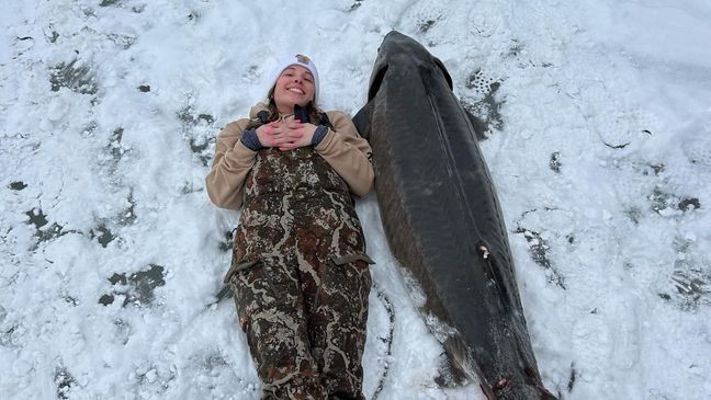 A 180.5-pound sturgeon harvested by Hayley Herzig on Lake Winnebago on Saturday, Feb. 8, 2025 (Photo: Hayley Herzig)