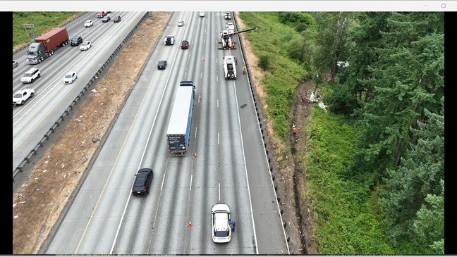 A photo showing the aftermath of a semi-truck carrying soda that crashed off of I-5 in Federal Way on July 25, 2025. (Photo: Washington State Patrol){&nbsp;}