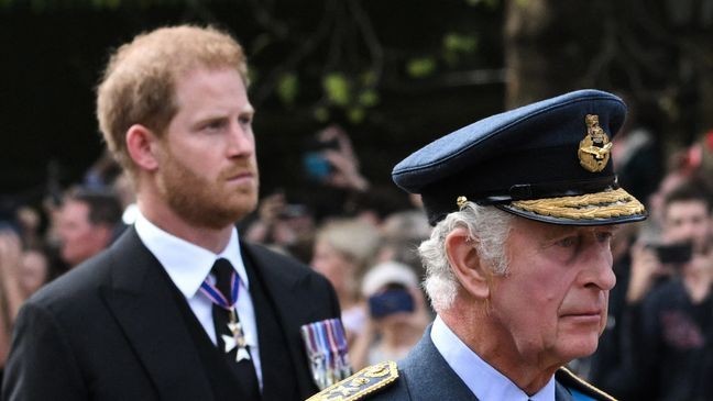TOPSHOT - Britain's King Charles III and Britain's Prince Harry, Duke of Sussex walk behind the coffin of Queen Elizabeth II, adorned with a Royal Standard and the Imperial State Crown and pulled by a Gun Carriage of The King's Troop Royal Horse Artillery, during a procession from Buckingham Palace to the Palace of Westminster, in London on September 14, 2022. Queen Elizabeth II will lie in state in Westminster Hall inside the Palace of Westminster, from Wednesday until a few hours before her funeral on Monday, with huge queues expected to file past her coffin to pay their respects. (Photo by LOIC VENANCE / AFP) (Photo by LOIC VENANCE/AFP via Getty Images)