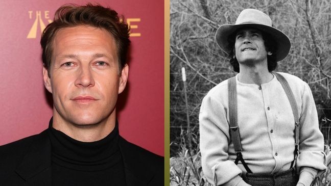 Luke Bracey (L) vs Michael Landon (R) stands in a field in a still from the television series, 'The Little House On The Prairie,' circa 1976. (Credit: Theo Wargo/Getty; NBC Television/Courtesy of Getty)