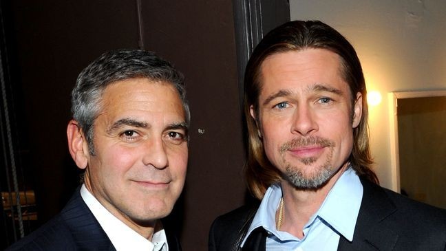 LOS ANGELES, CA - MARCH 03: Actors Brad Pitt (L) and George Clooney attend the one-night reading of "8" presented by The American Foundation For Equal Rights & Broadway Impact at The Wilshire Ebell Theatre on March 3, 2012 in Los Angeles, California.  (Photo by Michael Buckner/Getty Images  for American Foundation for Equal Rights)