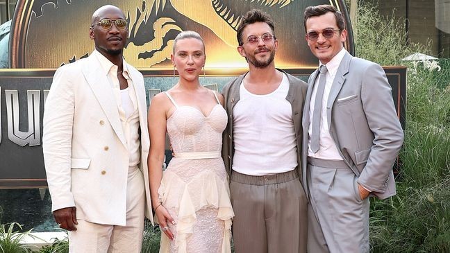 NEW YORK, NEW YORK - JUNE 23: (L-R) Mahershala Ali, Scarlett Johansson, Jonathan Bailey and Rupert Friend attend the "Jurassic World Rebirth" New York Premiere at Lincoln Center on June 23, 2025 in New York City. (Photo by Jamie McCarthy/Getty Images)