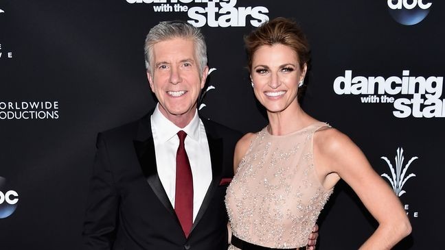 LOS ANGELES, CA - NOVEMBER 22:  TV hosts Tom Bergeron and Erin Adrews attend ABC's "Dancing With The Stars" Season 23 Finale at The Grove on November 22, 2016 in Los Angeles, California.  (Photo by Alberto E. Rodriguez/Getty Images)