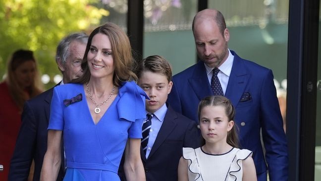 LONDON, ENGLAND - JULY 13: The Prince and Princess of Wales arrives with Prince George and Princess Charlotte during day fourteen of The Championships Wimbledon 2025 at All England Lawn Tennis and Croquet Club on July 13, 2025 in London, England. (Photo by Andrew Matthews - WPA Pool/Getty Images)