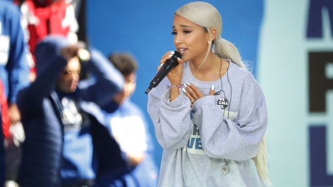 WASHINGTON, DC - MARCH 24:  Ariana Grande performs "Be Alright" during the March for Our Lives rally on March 24, 2018 in Washington, DC. Hundreds of thousands of demonstrators, including students, teachers and parents gathered in Washington for the anti-gun violence rally organized by survivors of the Marjory Stoneman Douglas High School shooting on February 14 that left 17 dead. More than 800 related events are taking place around the world to call for legislative action to address school safety and gun violence.  (Photo by Chip Somodevilla/Getty Images)