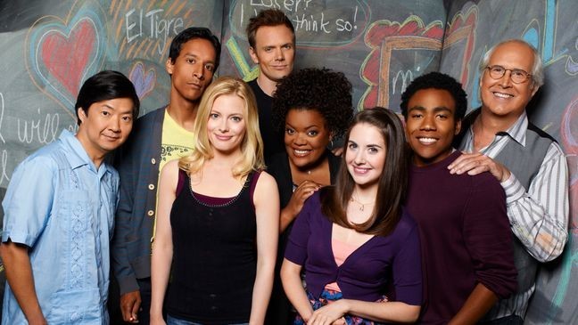 COMMUNITY -- Season: 2 -- Pictured: (l-r) Ken Jeong as Sen?or Chang, Danny Pudi as Abed, Gillian Jacobs as Britta, Joel McHale as Jeff Winger, Yvette Nicole Brown as Shirley, Alison Brie as Annie, Donald Glover as Troy, Chevy Chase as Pierce -- (Photo by: Mitchell Haaseth/NBCU Photo Bank/NBCUniversal via Getty Images via Getty Images)