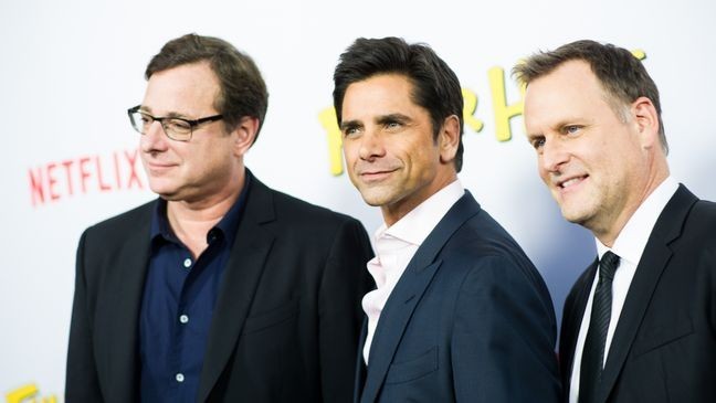 LOS ANGELES, CA - FEBRUARY 16: (L-R) Actors Bob Saget, John Stamos, and Dave Coulier attend the premiere of Netflix's 'Fuller House' at Pacific Theatres at The Grove on February 16, 2016 in Los Angeles, California. (Photo by Emma McIntyre/Getty Images)