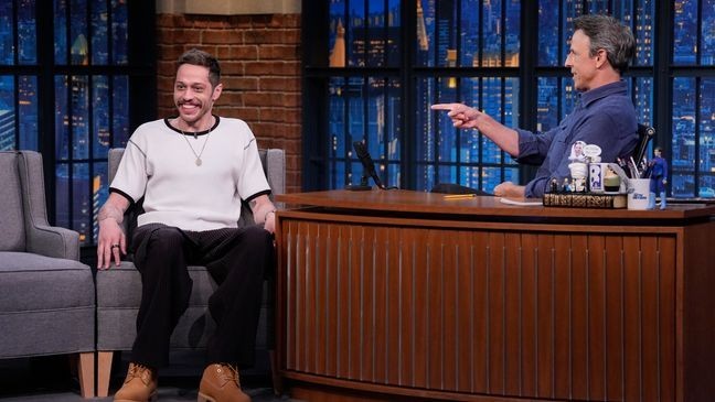 Pete Davidson during an interview with host Seth Meyers on August 6, 2025, dishing on the "SNL 50" anniversary special. (Photo by: Lloyd Bishop/NBC via Getty Images)