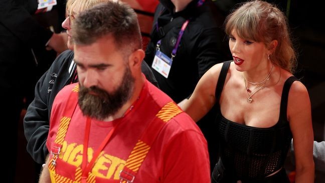 Taylor Swift had a thrilling introduction from Jason Kelce on the "New Heights" podcast tease. (Photo by Harry How/Getty Images)