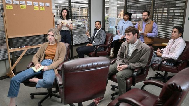 The Paper -- Episode 105 -- Pictured: (l-r) Chelsea Frei as Mare, Ramona Young as Nicole, Melvin Gregg as Detrick, Gbemisola Ikumelo as Adelola, Alex Edelman as Adam, Eric Rahill as Travis, Oscar Nunez as Oscar -- (Photo by: John P. Fleenor/PEACOCK)