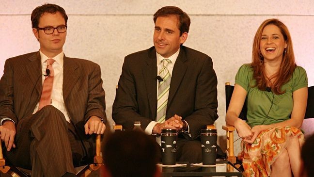 PASADENA, CA - JANUARY 22:  (L-R) Actors Rainn Wilson, Steve Carell and Jenna Fischer of "The Office" speak during the NBC executive question and answer segment of the Television Critics Association Press Tour at the Ritz Carlton Hotel on January 22, 2006 in Pasadena, California.  (Photo by Frederick M. Brown/ Getty Images)
