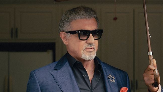 Sylvester Stallone as Dwight Manfredi and Jay Will as Tyson in the Paramount+ original series TULSA KING. Photo Credit: Brian Douglas/Paramount+. ©2025 Viacom International Inc. All Rights Reserved.