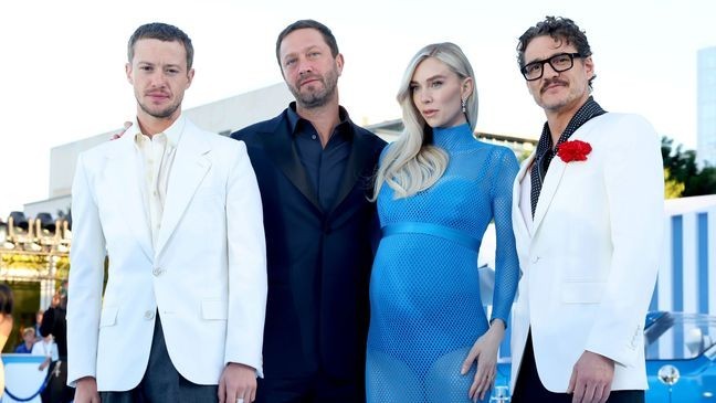 Joseph Quinn, Ebon Moss-Bachrach, Vanessa Kirby and Pedro Pascal attend The Fantastic Four: First Steps World Premiere at the Dorothy Chandler Pavilion in Los Angeles, California on July 21, 2025. (Photo by Leon Bennett/Getty Images for Disney)