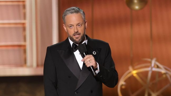 LOS ANGELES, CALIFORNIA - SEPTEMBER 14: Host Nate Bargatze speaks onstage during the 77th Primetime Emmy Awards at Peacock Theater on September 14, 2025 in Los Angeles, California.  (Photo by Kevin Winter/Getty Images)