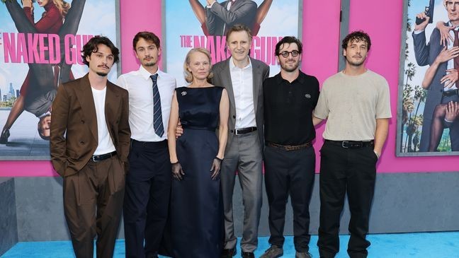 Dylan Jagger Lee, Brandon Thomas Lee, Pamela Anderson, Liam Neeson, Daniel Neeson, and Micheál Neeson attend "The Naked Gun" New York Premiere on July 28, 2025 in New York City. (Photo by Dia Dipasupil/Getty Images)