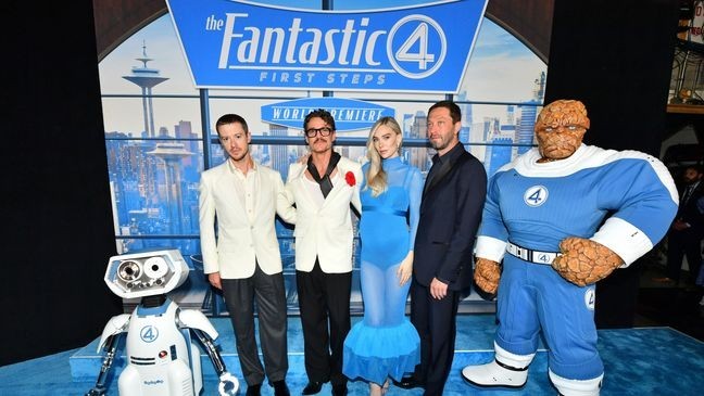 LOS ANGELES, CALIFORNIA - JULY 21: (L-R) H.E.R.B.I.E, Joseph Quinn, Pedro Pascal, Vanessa Kirby, Ebon Moss-Bachrach and The Thing attend The Fantastic Four: First Steps World Premiere at the Dorothy Chandler Pavilion in Los Angeles, California on July 21, 2025. (Photo by Alberto E. Rodriguez/Getty Images for Disney)