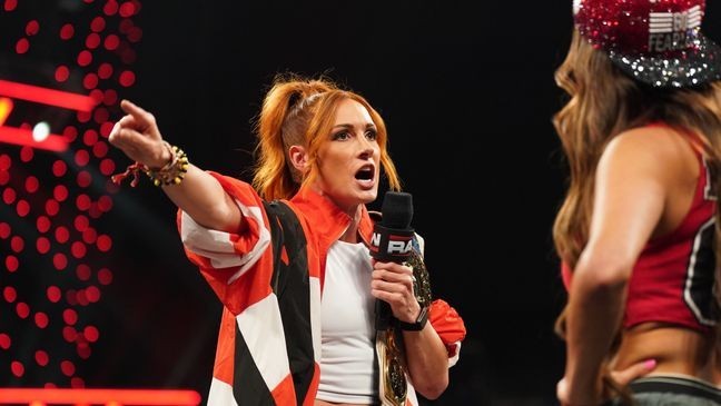 NEW YORK, NEW YORK - AUGUST 4: Becky Lynch confronts Nikki Bella during Monday Night RAW at Barclays Center of Brooklyn on August 4, 2025 in New York, New York.  (Photo by Georgiana Dallas/WWE via Getty Images)