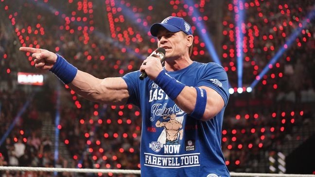 INGLEWOOD, CALIFORNIA - JANUARY 06: John Cena addresses the crowd during Monday Night RAW at Intuit Dome on January 6, 2025 in Inglewood, California.  (Photo by WWE/Getty Images)