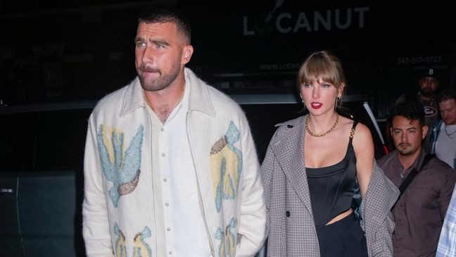 NEW YORK, NEW YORK - OCTOBER 15: Travis Kelce and Taylor Swift arrive at SNL Afterparty on October 15, 2023 in New York City. (Photo by Gotham/GC Images)