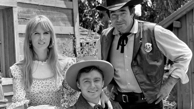 LOS ANGELES - APRIL 12: Cimarron Strip. A CBS television western series. April 12, 1967. Pictured from left is Jill Townsend (as Dulcey Coopersmith), Randy Boone (as Francis Wilde), Stuart Whitman (as Marshal Jim Crown). (Photo by CBS via Getty Images)