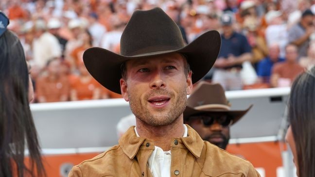 Glen Powell says that as a Texan, he shouldn't be in consideration for James Bond.{&nbsp;} (Photo by David Buono/Icon Sportswire via Getty Images)