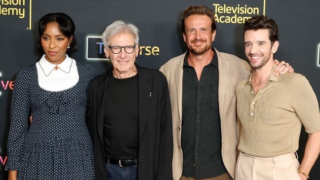 LOS ANGELES, CALIFORNIA - AUGUST 15: (L-R) Jessica Williams, Harrison Ford, Jason Segel and Michael Urie attend the Apple TV+ "Shrinking" Panel during the TV Academy's Inaugural Televerse Festival at JW Marriott LA Live on August 15, 2025 in Los Angeles, California. (Photo by Frazer Harrison/Getty Images)