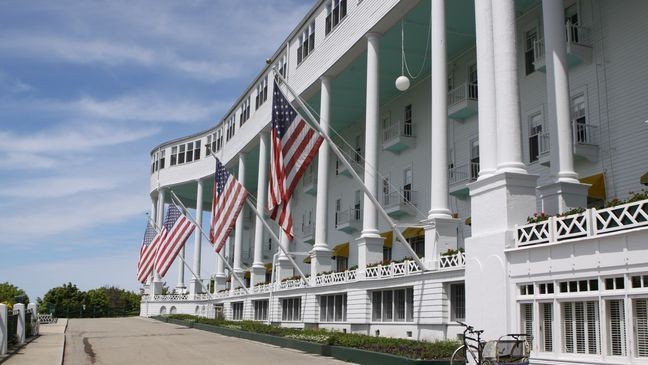 The Grand Hotel is a historic hotel and coastal resort located on Mackinac Island, Michigan, a small island located at the eastern end of the Straits of Mackinac within Lake Huron between the state's Upper and Lower Peninsulas. (Credit: Getty Images)