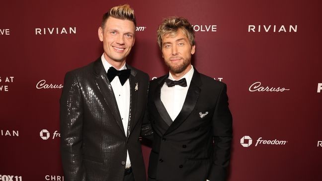 LOS ANGELES, CALIFORNIA - NOVEMBER 17: Nick Carter and Lance Bass attend the Christmas at The Grove: 24th Annual Tree Lighting Celebration on November 17, 2025 in Los Angeles, California. (Photo by Jesse Grant/Getty Images for Caruso)