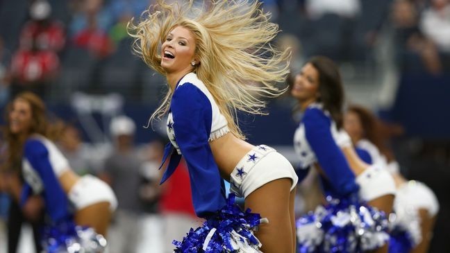 ARLINGTON, TX - SEPTEMBER 27:  The Dallas Cowboys Cheerleaders perform as the Dallas Cowboys take on the Atlanta Falcons at AT&T Stadium on September 27, 2015 in Arlington, Texas.  (Photo by Tom Pennington/Getty Images)