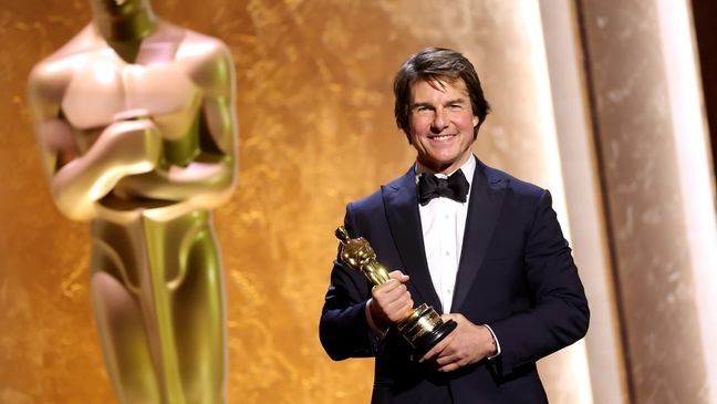 HOLLYWOOD, CALIFORNIA - NOVEMBER 16: Honoree Tom Cruise poses onstage during the 16th Governors Awards at The Ray Dolby Ballroom on November 16, 2025 in Hollywood, California. (Photo by Kevin Winter/Getty Images)