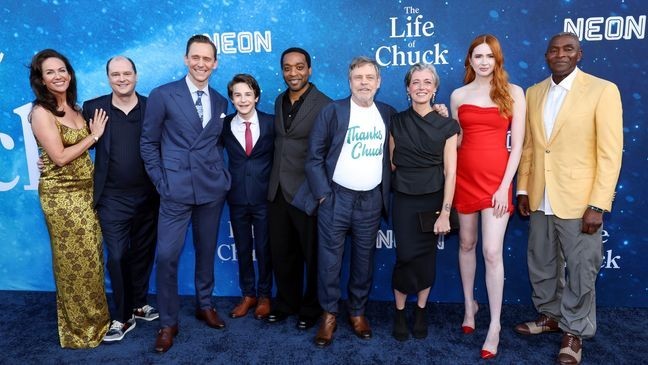 {&nbsp;}Kate Siegel, Mike Flanagan, Tom Hiddleston, Benjamin Pajak, Chiwetel Ejiofor, Mark Hamill, Mia Sara, Karen Gillan and Carl Lumbly attend the Los Angeles Premiere of "The Life Of Chuck." (Photo by Monica Schipper/GA/The Hollywood Reporter via Getty Images)