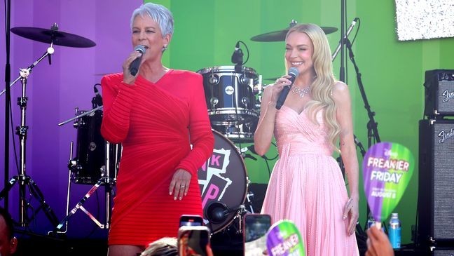 LOS ANGELES, CALIFORNIA - JULY 22: (L-R) Jamie Lee Curtis and Lindsay Lohan speak during the Freakier Friday Los Angeles Premiere at El Capitan Theatre in Los Angeles, California on July 22, 2025. (Photo by Leon Bennett/Getty Images for Disney)