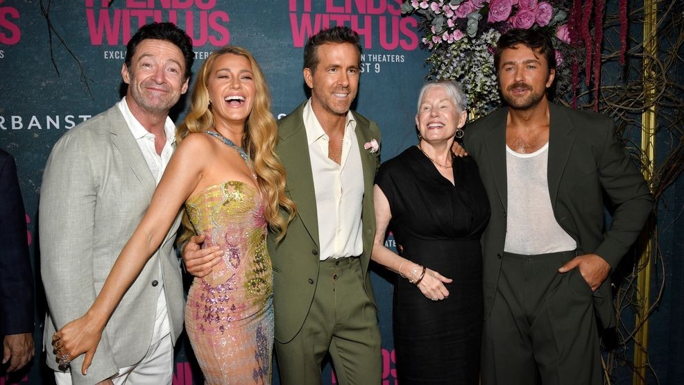 Hugh Jackman, from left, Blake Lively, Ryan Reynolds, Tammy Reynolds, and Brandon Sklenar attend the world premiere of "It Ends with Us" at AMC Lincoln Square on Tuesday, Aug. 6, 2024, in New York. (Photo by Evan Agostini/Invision/AP)