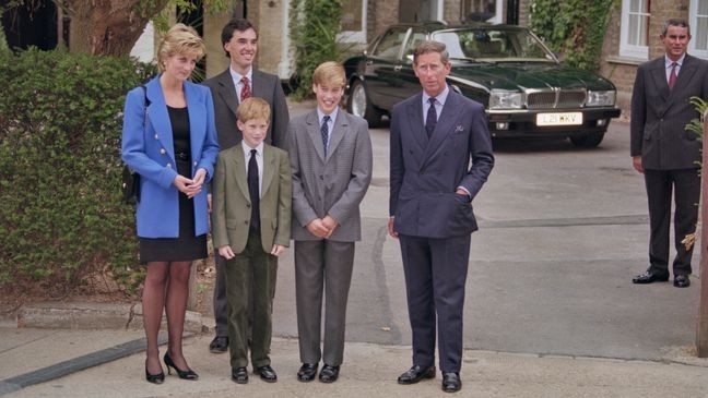 British Royal Diana, Princess of Wales (1961-1997), wearing a blue jacket over a black dress, with Eton housemaster Dr Andrew Gailey, Prince Harry, Prince William, and Prince Charles outside Manor House on Prince William's first day at Eton College in Eton, Berkshire, England, 6th September 1995. (Photo by Princess Diana Archive/Hulton Archive/Getty Images)