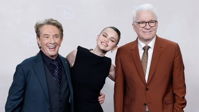 NEW YORK, NEW YORK - MAY 13: (L-R) Martin Short, Selena Gomez and Steve Martin attend the 2025 Disney Upfront at Javits Center on May 13, 2025 in New York City. (Photo by Taylor Hill/FilmMagic)
