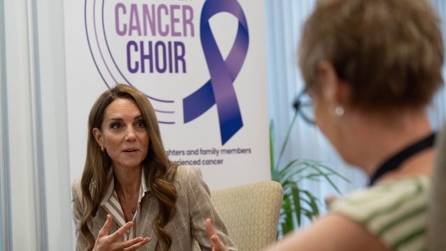 Catherine, Princess of Wales gestures during a visit to the RHS's Wellbeing Garden at Colchester Hospital on July 2, 2025 in Colchester, England. The visit coincides with the donation of 50 Catherine's Rose plants, named after the princess by the RHS with funds from sales going to the Royal Marsden Cancer Charity. (Photo by Stefan Rousseau - WPA Pool/Getty Images)