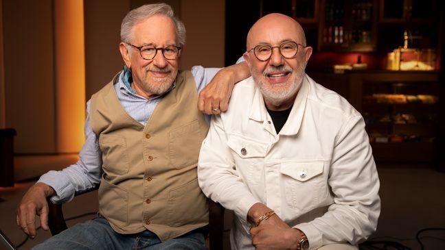Steven Spielberg, Director of Jaws, and Director Laurent Bouzereau are pictured during an interview for National Geographic's 'Jaws @ 50: The Definitive Inside Story." (Credit: National Geographic/Chris Johnson)