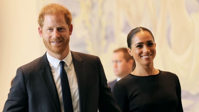 NEW YORK, NEW YORK - JULY 18:  Prince Harry, Duke of Sussex and Meghan, Duchess of Sussex arrive at the United Nations Headquarters on July 18, 2022 in New York City. Prince Harry, Duke of Sussex is the keynote speaker during the United Nations General assembly to mark the observance of Nelson Mandela International Day where the 2020 U.N. Nelson Mandela Prize will be awarded to Mrs. Marianna Vardinogiannis of Greece and Dr. Morissanda Kouyaté of Guinea.  (Photo by Michael M. Santiago/Getty Images)