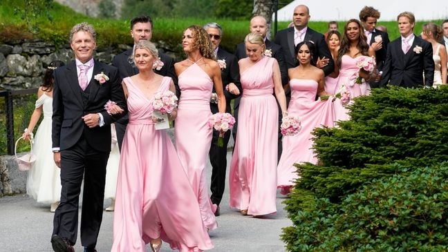 Bridesmaids attend the wedding of Norway's Princess Martha Louise and Durek Verrett, in Geiranger, Norway, Saturday Aug. 31, 2024. (Cornelius Poppe/NTB via AP)