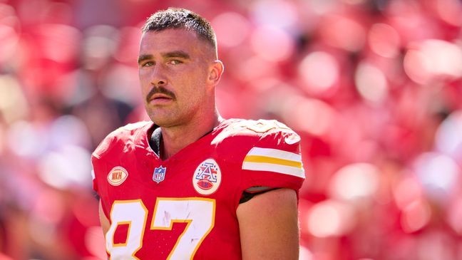 KANSAS CITY, MO - SEPTEMBER 24: Travis Kelce #87 of the Kansas City Chiefs looks on before kickoff against the Chicago Bears at GEHA Field at Arrowhead Stadium on September 24, 2023 in Kansas City, Missouri. (Photo by Cooper Neill/Getty Images)