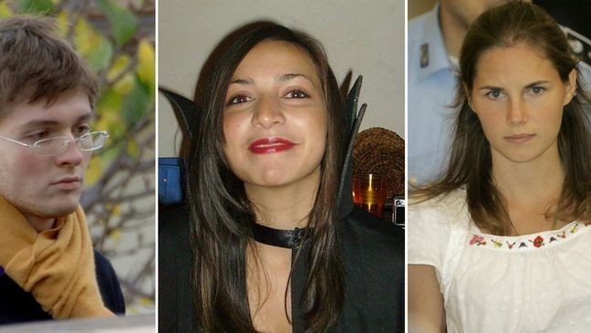 FILE - This combination of three file photos shows: from left, Italian student Raffaele Sollecito, slain British woman Meredith Kercher and her American roommate Amanda Knox. Amanda Knox returns to an Italian courtroom Wednesday June 5, 2024, for the first time in more than 12½ years to clear herself ‘once and for all’ of a slander charge that stuck even after she was exonerated in the brutal 2007 murder of her British roommate in the idyllic hilltop town of Perugia. (AP Photo/File)