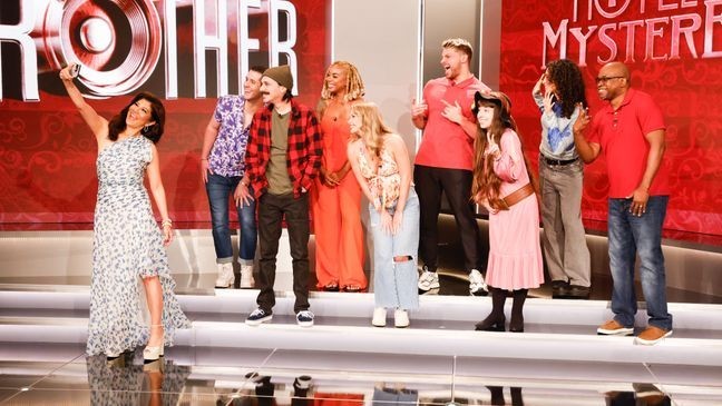 LOS ANGELES - JULY 10: Julie Chen Moonves, Jimmy Heagerty, Vince Panaro, Mickey Lee, Katherine Woodman, Isaiah 'Zae' Frederich, Ava Pearl, Morgan Pope and Cliffton 'Will' Williams of the CBS series Big Brother 27, scheduled to air on the CBS Television Network. (Photo by Sonja Flemming/CBS via Getty Images)