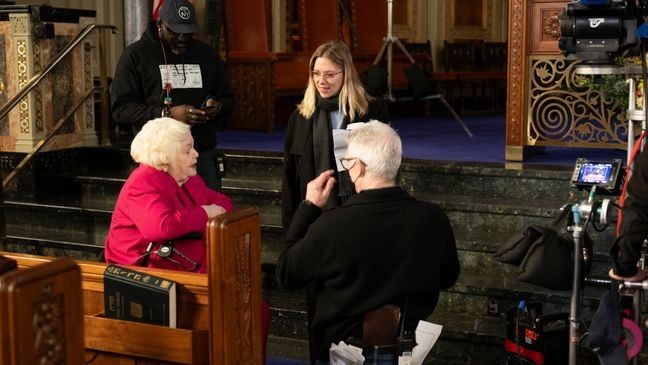 Scarlett Johansson on set with "Eleanor the Great" star June Squib. (Photo by{&nbsp;}Anne Joyce. Courtesy of Sony Pictures Classics)