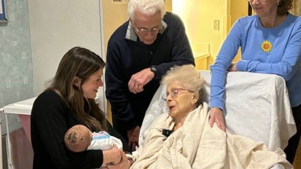 Josephine Campanella, 102 years old, was receiving care at Unity Hospital when she found out her great-granddaughter, Alison Sharpe, was in labor at the same hospital. March 16, 2024 (Photo Provided)