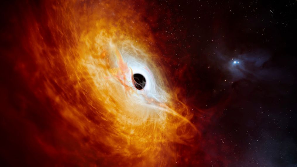 This new illustration depicts the record-breaking quasar J059-4351, the bright core of a distant galaxy powered by a supermassive black hole. Seen here pulling in surrounding matter, the hole is 17 billion times larger than our sun and is growing by the equivalent of another sun per day, making it the fastest-growing black hole ever known. (M. Kornmesser/European Southern Observatory via AP)