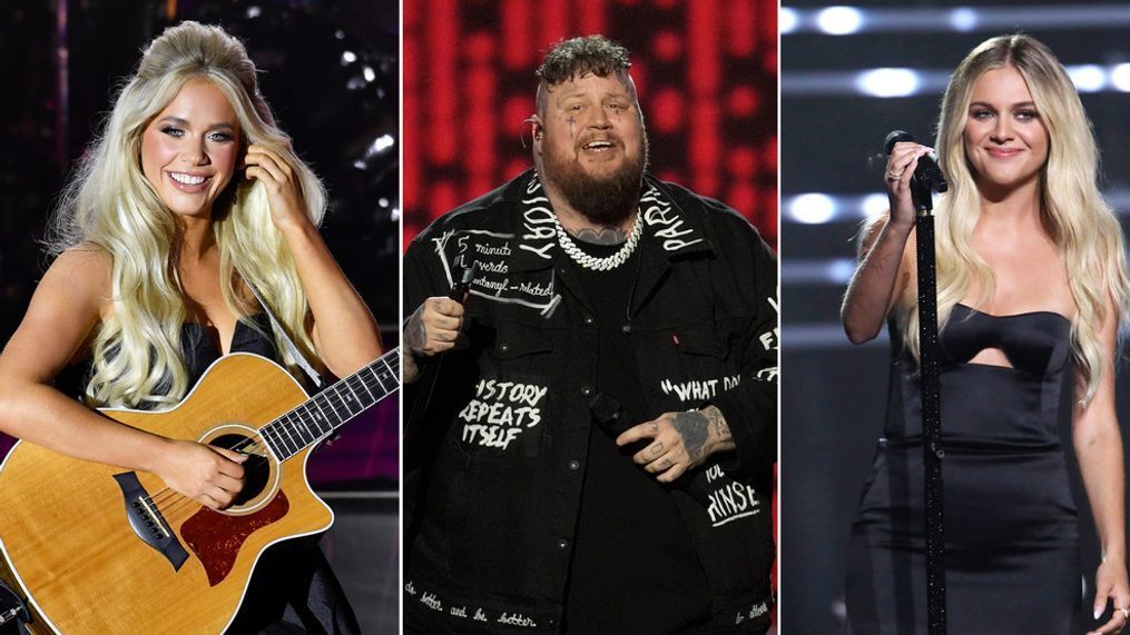 This combination of photos shows country music stars Megan Moroney, left, performing April 2, 2023, in Austin, Texas, Jelly Roll performing Feb. 2, 2024, in Los Angeles, center, and Kelsea Ballerini performing Sept. 11, 2023, in Newark, N.J. (AP Photo)