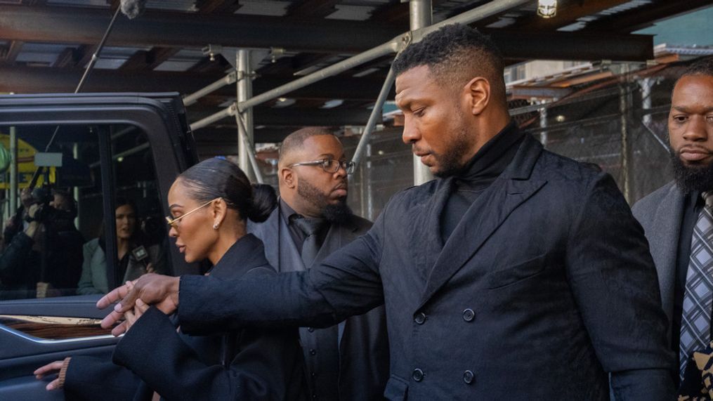 FILE - Actor Jonathan Majors departs with girlfriend Meagan Good from his sentencing hearing in the domestic abuse case at Manhattan Criminal Court on April 8, 2024 in New York City. (Photo by David Dee Delgado/Getty Images)