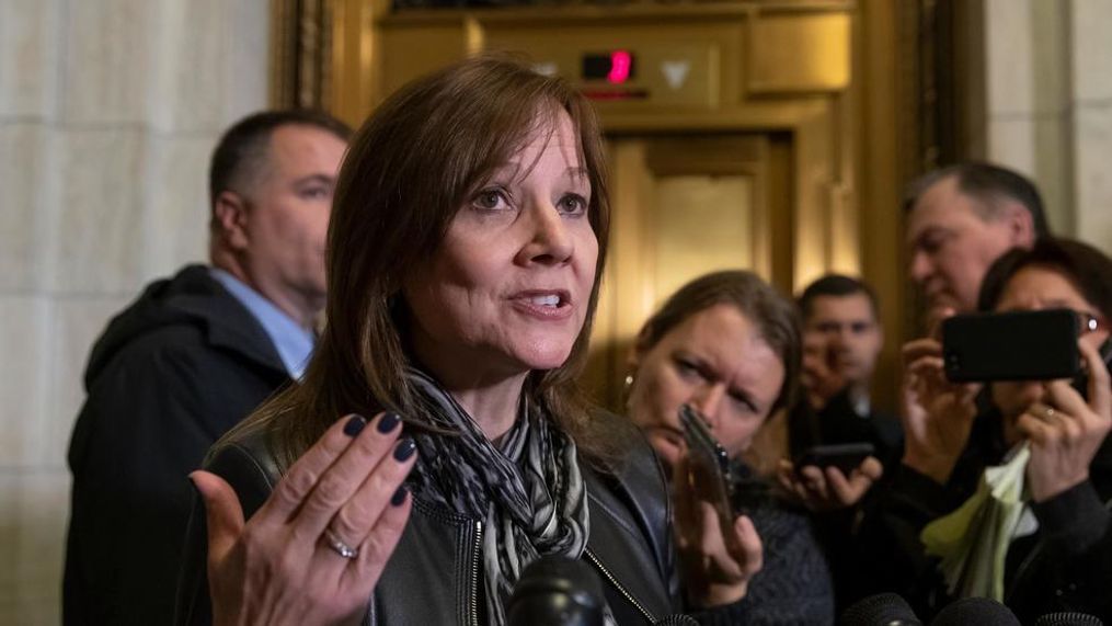 General Motors CEO Mary Barra speaks to reporters after a meeting with Sen. Sherrod Brown, D-Ohio, and Sen. Rob Portman, R-Ohio, to discuss GM's announcement it would stop making the Chevy Cruze at its Lordstown, Ohio, plant, part of a massive restructuring for the Detroit-based automaker, on Capitol Hill in Washington, Wednesday, Dec. 5, 2018. General Motors is fighting to retain a valuable tax credit for electric vehicles as the nation's largest automaker grapples with the political fallout triggered by its plans to shutter several U.S. factories and shed thousands of workers.  (AP Photo/J. Scott Applewhite)