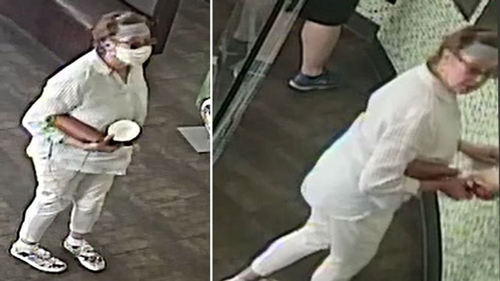 Police are looking for a white female in her 60s, medium build, wearing a gray bandana, glasses and a long sleeve shirt with gray vertical lines after she coughed on a 1-year-old baby at a Yogurtland in San Jose, California on June 12, 2020 (San Jose PD)