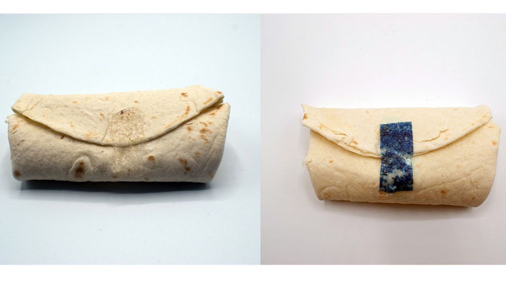 The students designed the tape to keep the burritos from collapsing. The team added blue food dye to the tape on the right to make it more noticeable in the photo. (Photo: Johns Hopkins University)